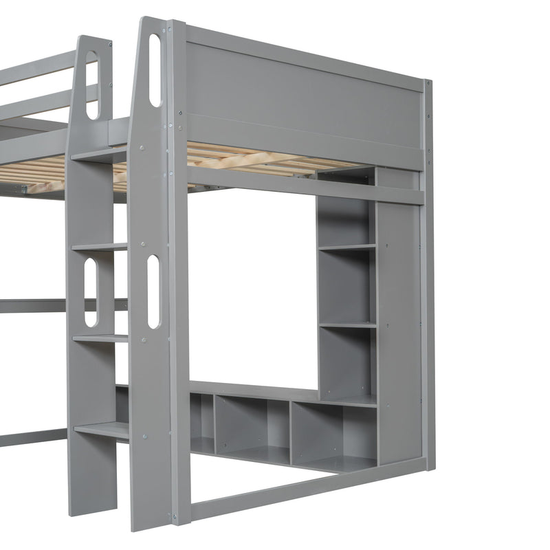 Full Size Gaming Loft Bed With Desk, Multi Storage Shelves, LED Lighting, And Hanging Clothes Rack - Gray