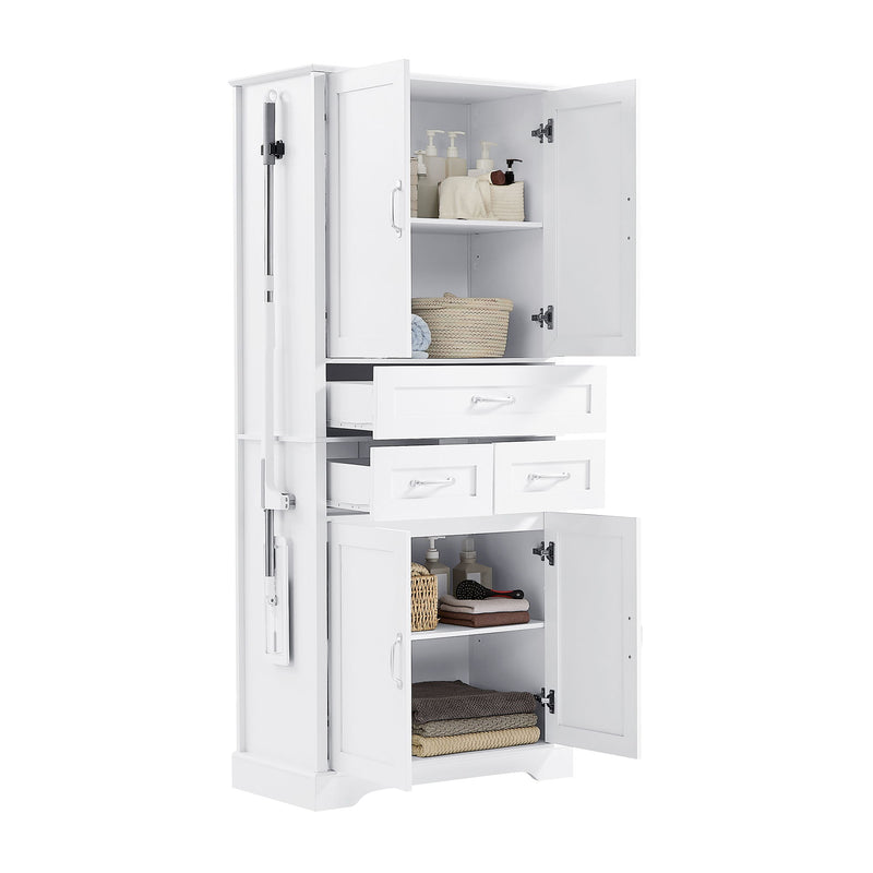 Tall Bathroom Storage Cabinet With 4 Doors 3 Drawers Adjustable Shelves - White