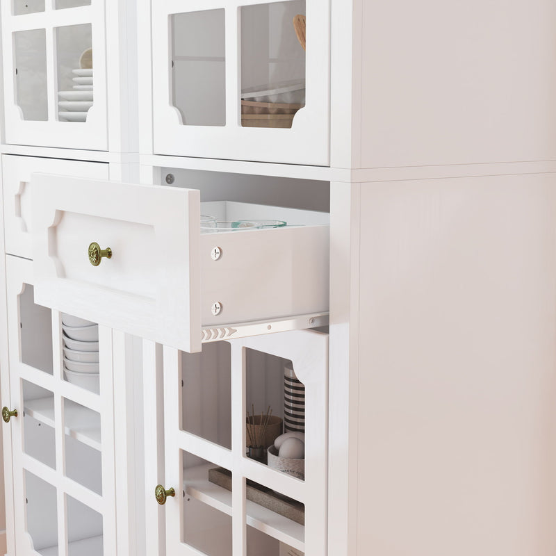 Storage Cabinet, Freestanding Curio Cabinet With Grid Doors & Drawer, Pantry Display Cabinet For Kitchen