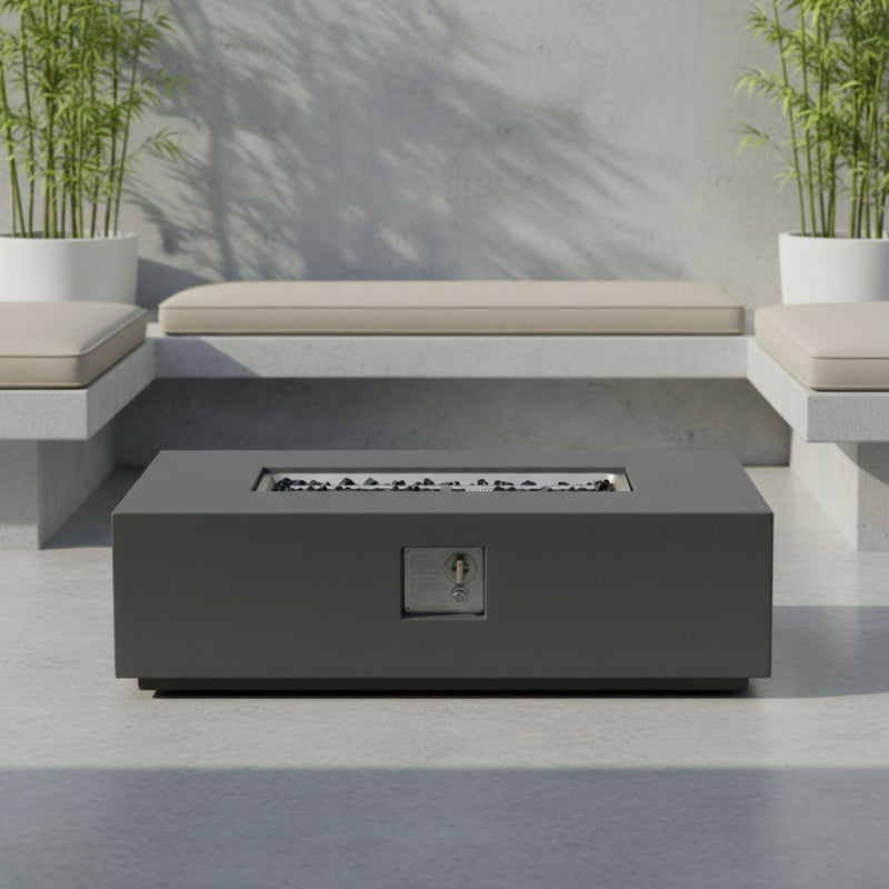Volon - Rectangular Fire Pit Table, Propane Powered, 50,000 BTU - Light Gray