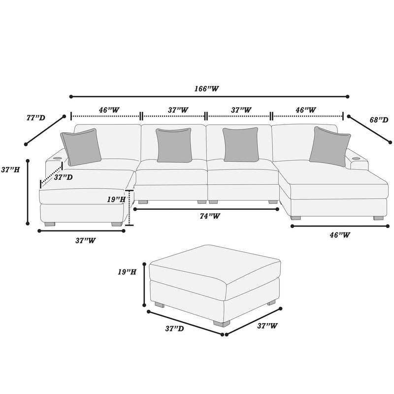 Contemporary Style Modular Sectional Sofa Set With USB, Cup Holder