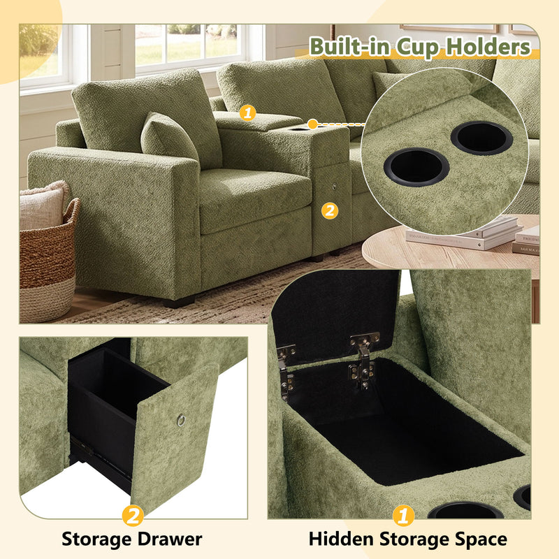 Modular 5 Seat U-Shape Sectional Sofa With Chaise Lounge, Built In Cup Holders And Storage Drawer