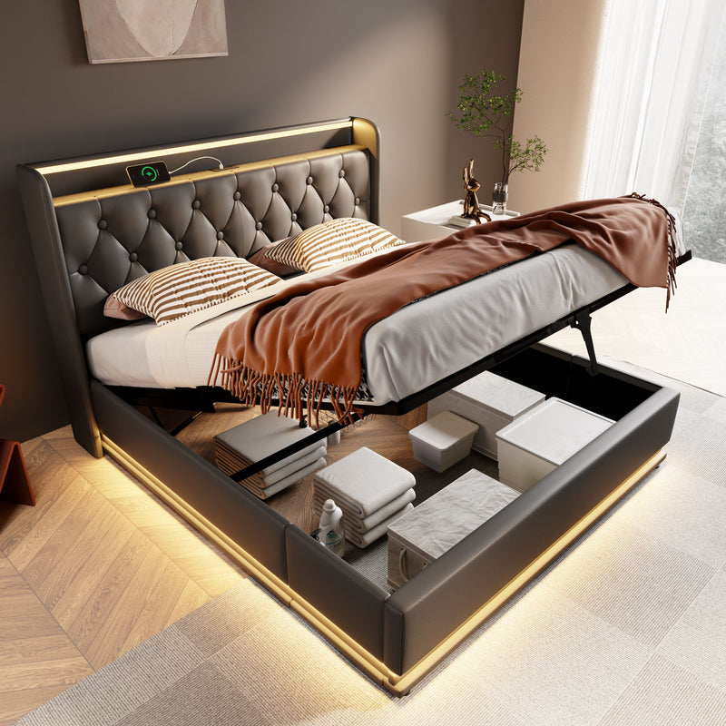 Upholstered Bed, 360 Surround LED Function, Remote Control, Hydraulic Storage Bed With USB, Type-C Charging (Without Mattress)