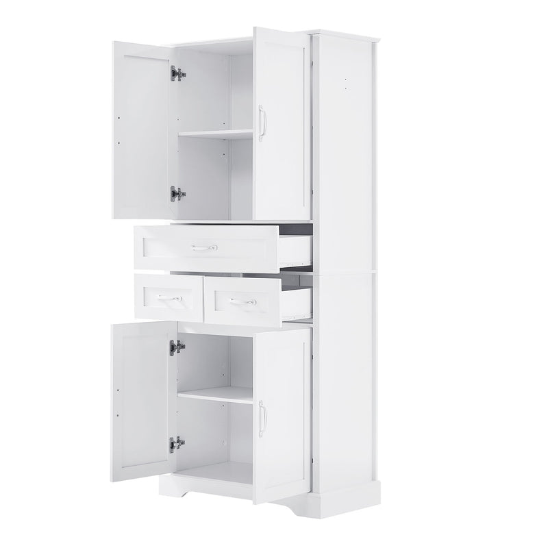 Tall Bathroom Storage Cabinet With 4 Doors 3 Drawers Adjustable Shelves - White