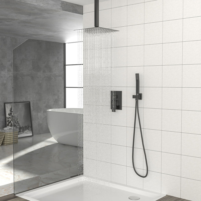 Dual Shower Head 10" Ceiling Mount Square Shower System With Rough In Valve - Matte Black