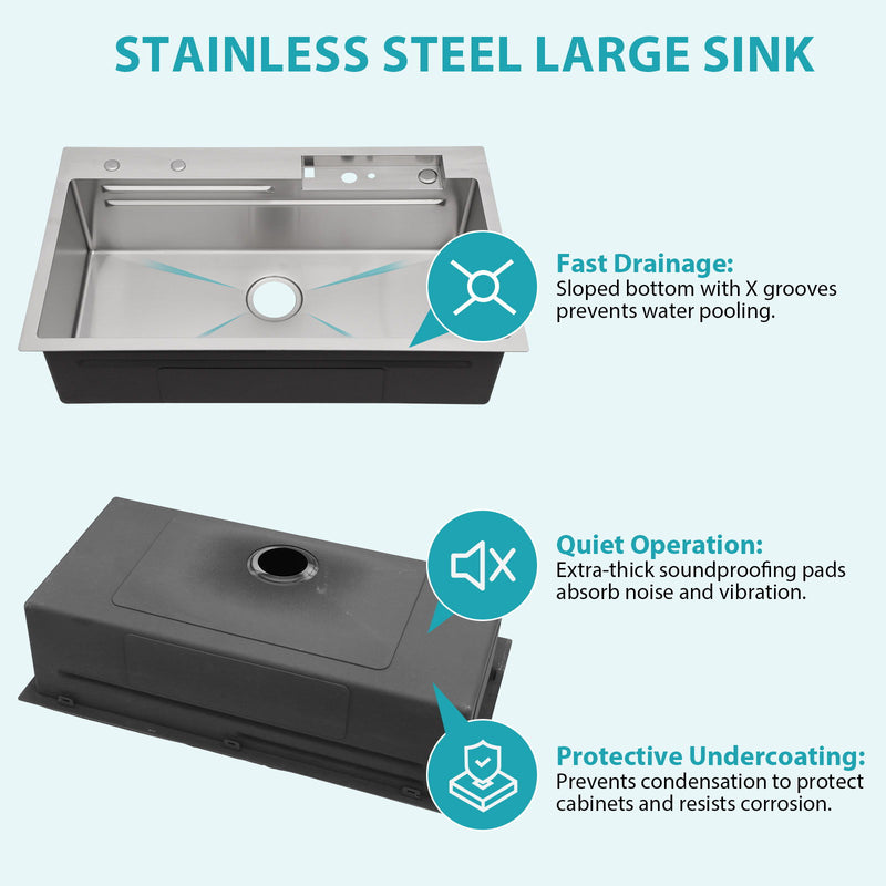 33" Stainless Steel Single Bowl Kitchen Sink With Waterfall Flow