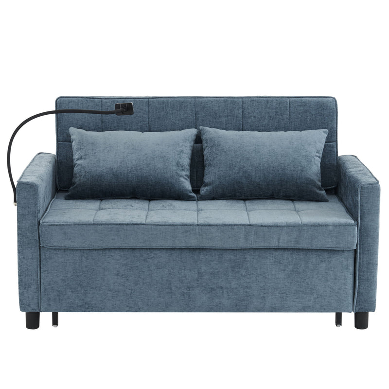 Pull-Out Sleeper Sofa With Reversible Backrest Cushion, Side Pockets, 2 USB Ports And A Phone Holder For Living Room