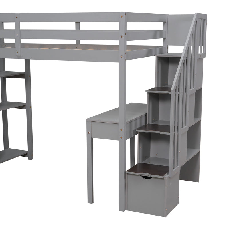 Loft Bed With Storage Drawers, Desk And Stairs With Shelves