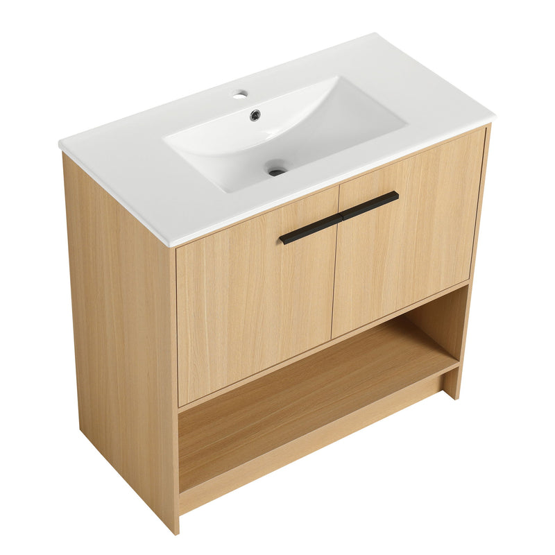 Modern Bathroom Vanity With Ceramic Sink, Freestanding Cabinet, Soft Closing Doors