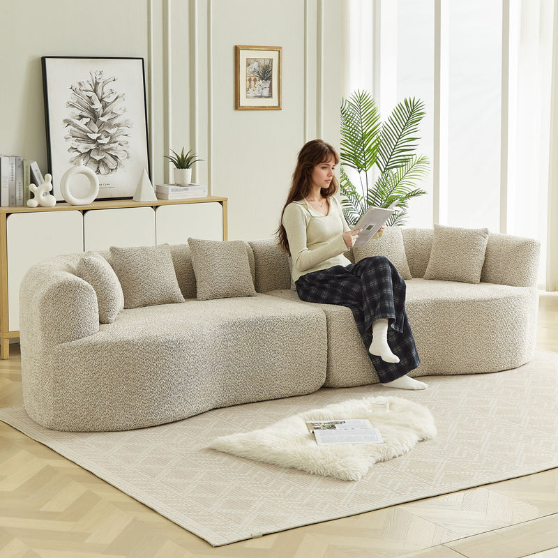 Curved Sectional Oversized Bone Free Cloud Sofa With 6 Pillows, 4 Seater With Deep Seat - Light Khaki