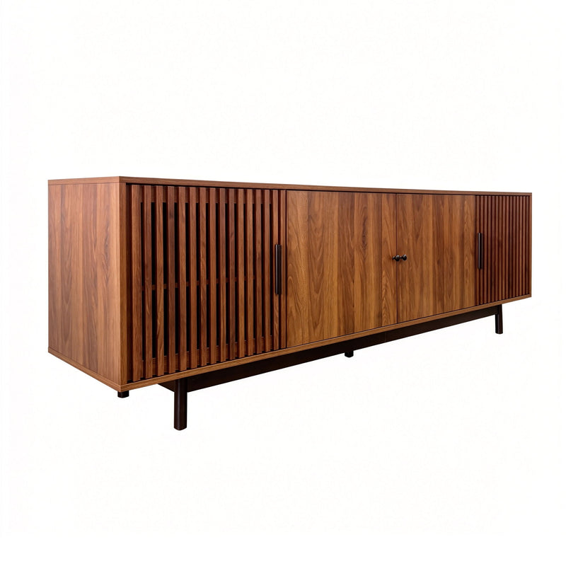 TV Stand, Media Console & Soft Closing Hinges, Adjustable Shelves, Slatted Doors - Walnut