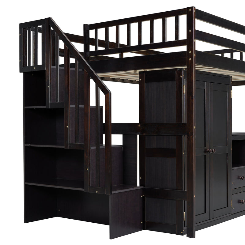 Loft Bed With Stairs, Bookshelf, Drawers, Desk & Wardrobe, Space Saving Multifunctional Furniture