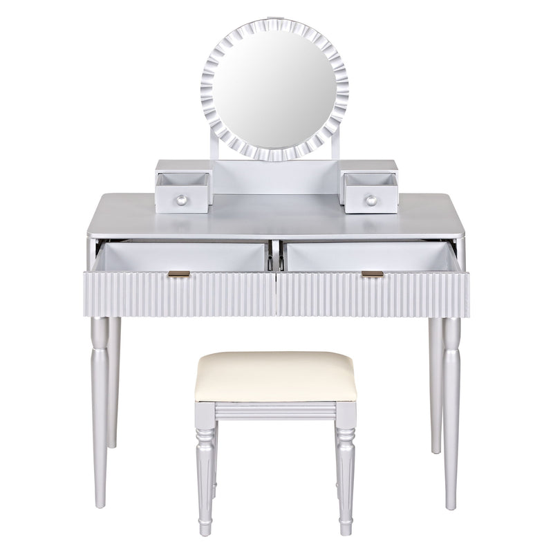 Luxury Vanity Desk With Round Mirror Height Adjustable Dressing Table Set Engineered Wood - Silver
