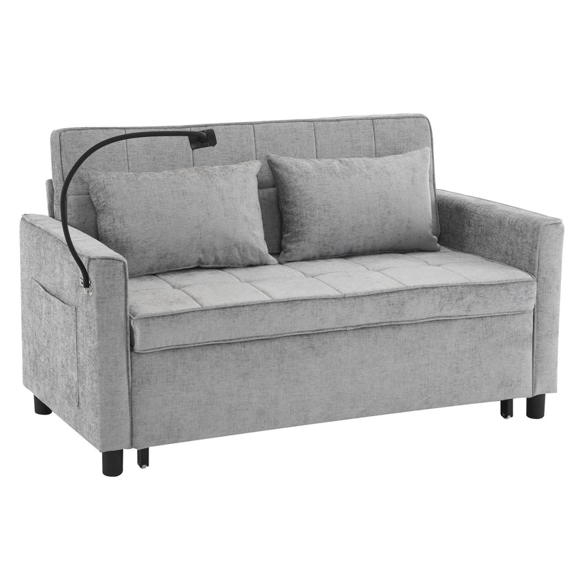 Pull-Out Sleeper Sofa With Reversible Backrest Cushion, Side Pockets, 2 USB Ports And A Phone Holder For Living Room