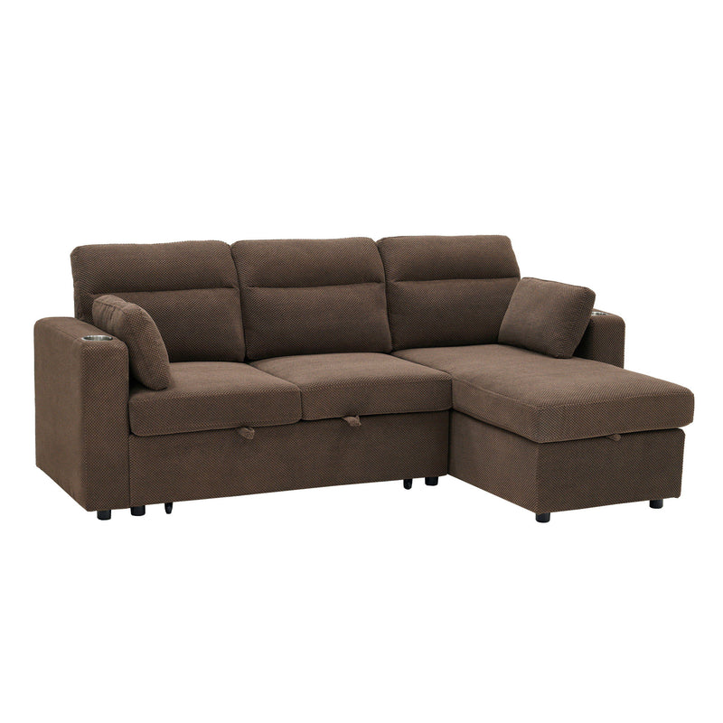 Convertible Sectional Sofa With Storage Chaise, Cup Holders And Pull Out Sleeper