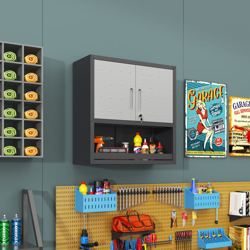 Metal Wall Mounted Tool Storage Cabinet With Locking Door, 1 Shelf & 1 Drawer