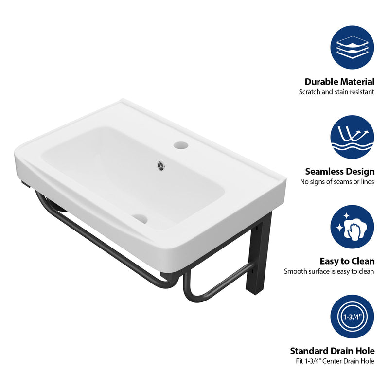 Wall Mounted Rectangular Bathroom Sink With 304 Stainless Steel Towel Bar & Overflow - White