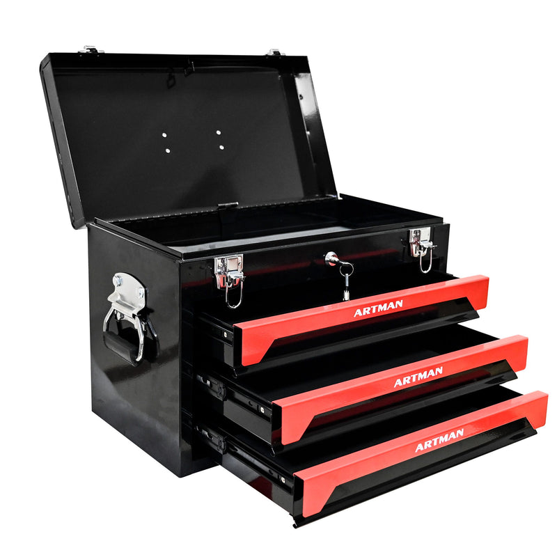 Portable 20" Steel Tool Box With 3 Drawers And Metal Latch Closure - Black / Red