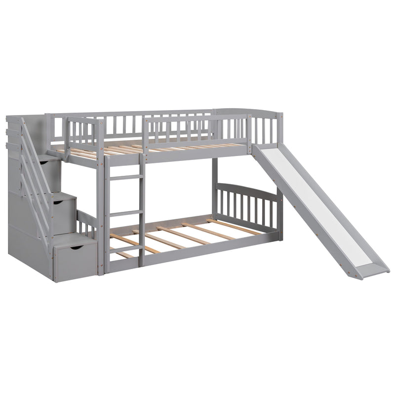 Twin Over Twin Bunk Stairway Bed With 2 Drawers And Slide - Gray