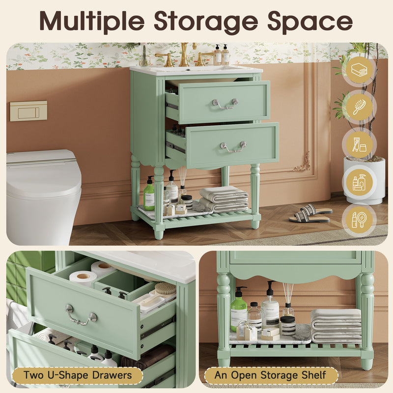Wave Design Bathroom Vanity With Sink, 2 Drawers And Open Shelf