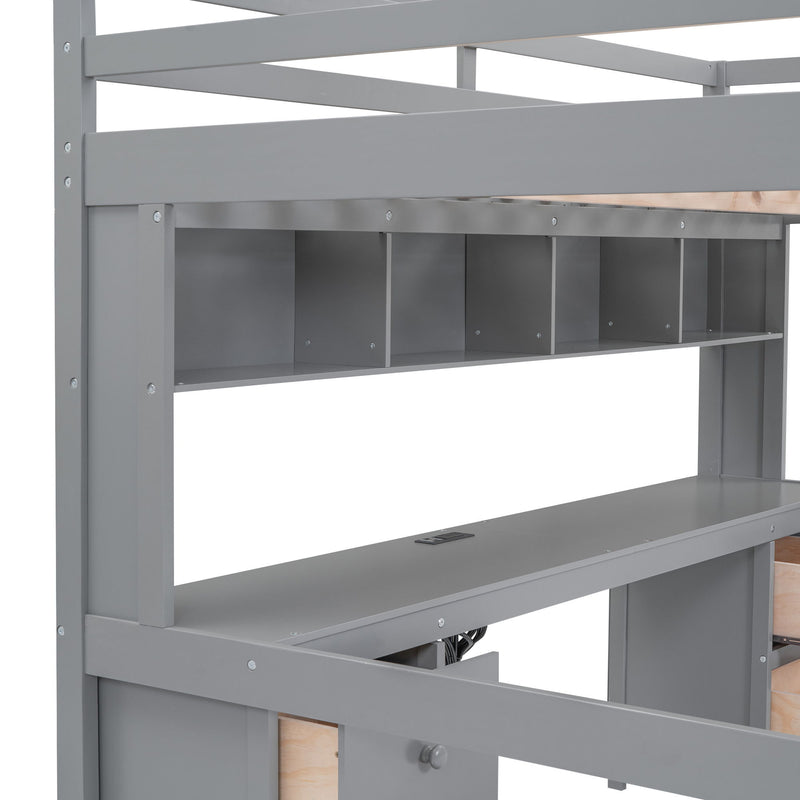 Loft Bed With Desk, Cabinets, Drawers, Charging Station And Bedside Tray