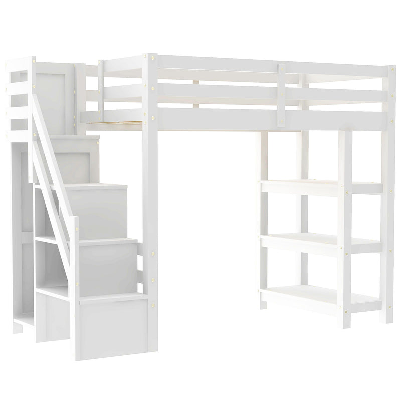 Loft Bed With 4 Layer Shelves, Storage Staircase, Small Wardrobe And LED Light