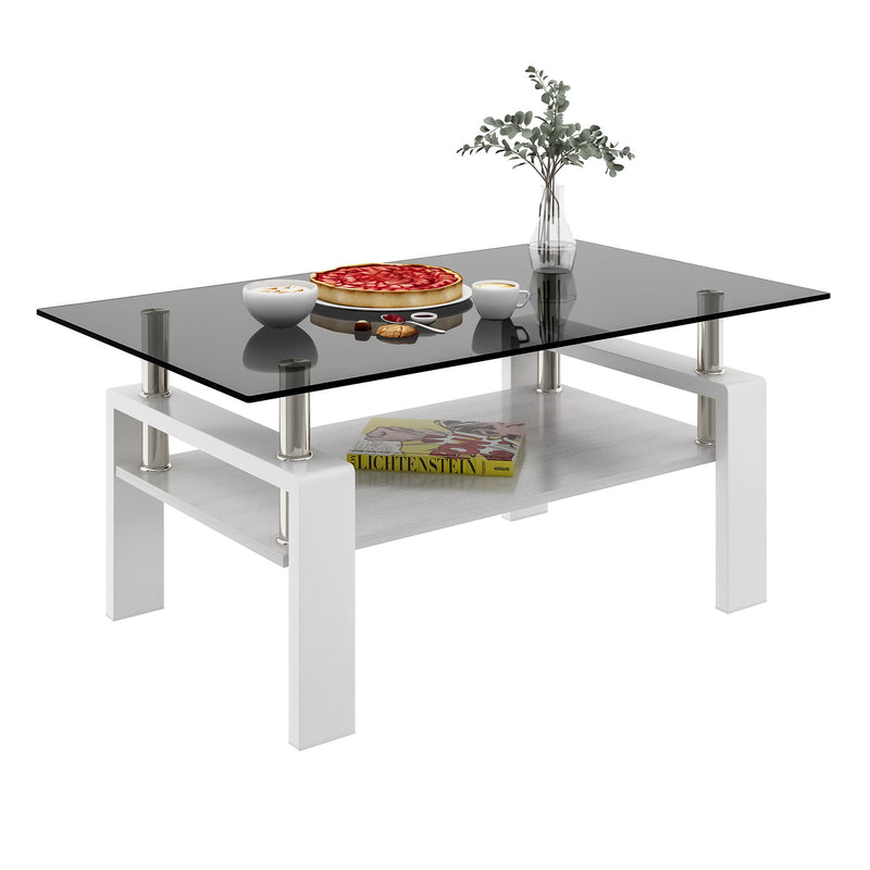 Modern Rectangular Coffee Table With Tempered Transparent Glass Top And Storage Shelf