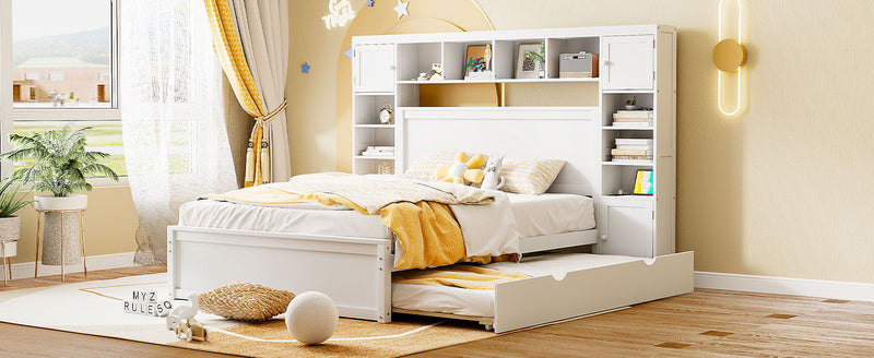 Bed With All In One Cabinet, Shelf And Sockets, Twin Long Trundle