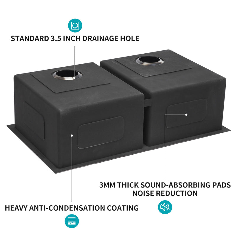 Double Bowl Undermount Kitchen Sink 16 Gauge 33" X 19" With Dual 10" Deep Basins - Gunmetal Black