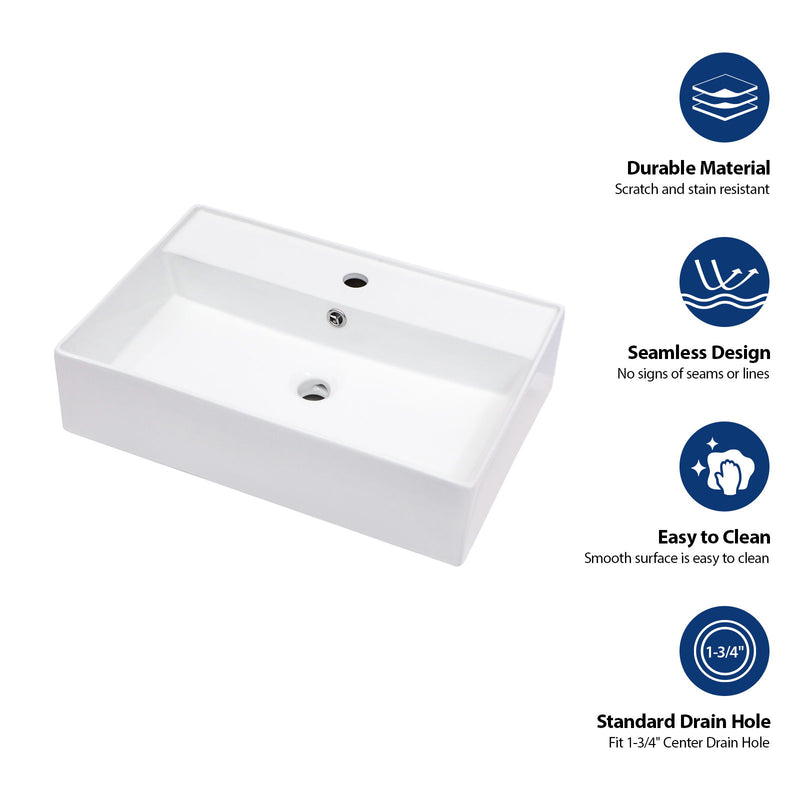 Modern Ceramic Rectangular Wall Mounted Bathroom Sink With Faucet Hole & Overflow