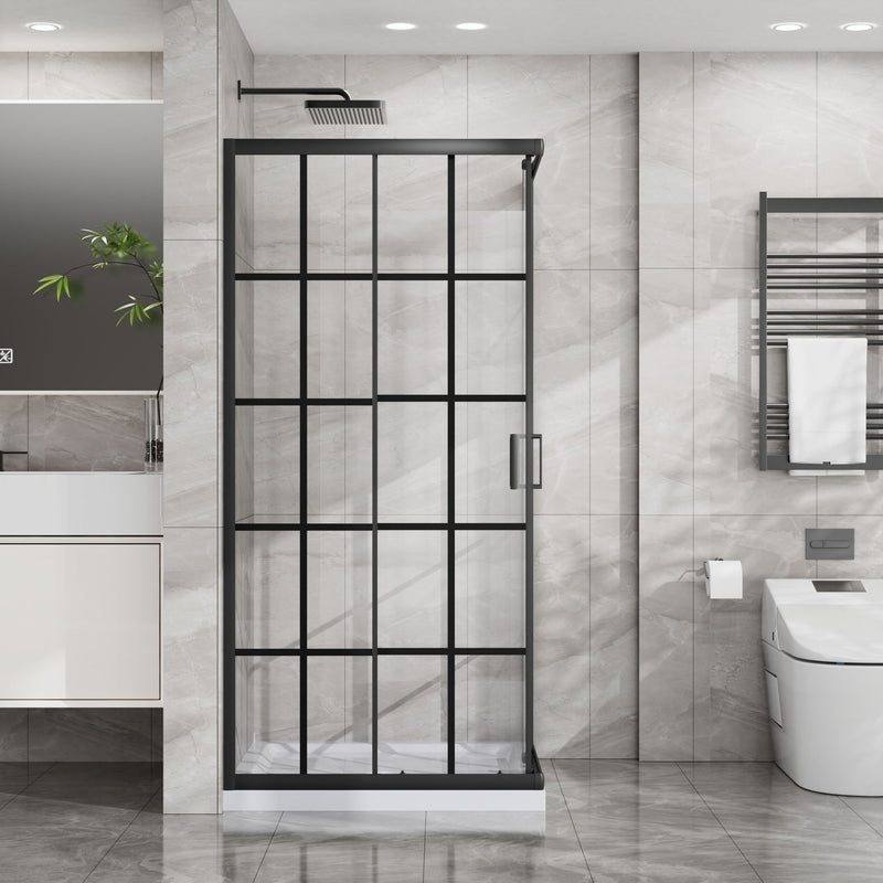 Corner Shower Enclosure Double Sliding Door & Shower Base - Matte Black