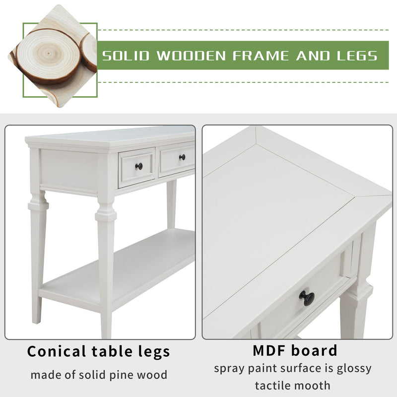 Classic Retro Style Console Table With 3 Top Drawers And Open Style Bottom Shelf - Antique White