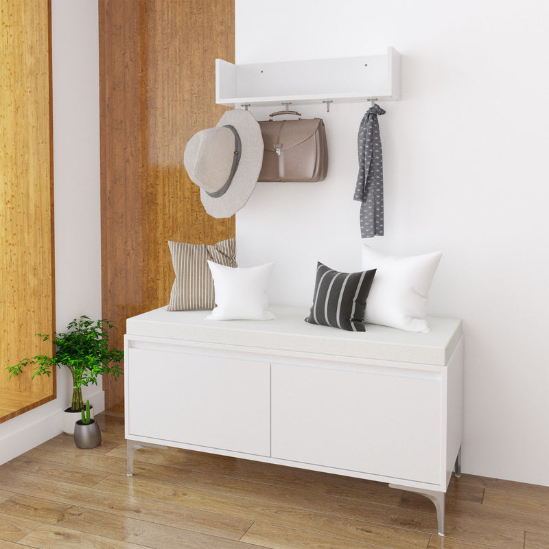Wall Mounted Entryway Shelf With Hooks And Storage Bench Set - Off White