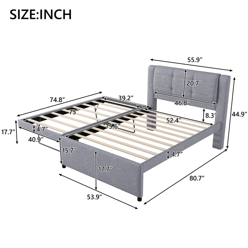 Upholstery Platform Bed With Trundle, Trundle Can Be Flat Or Erected