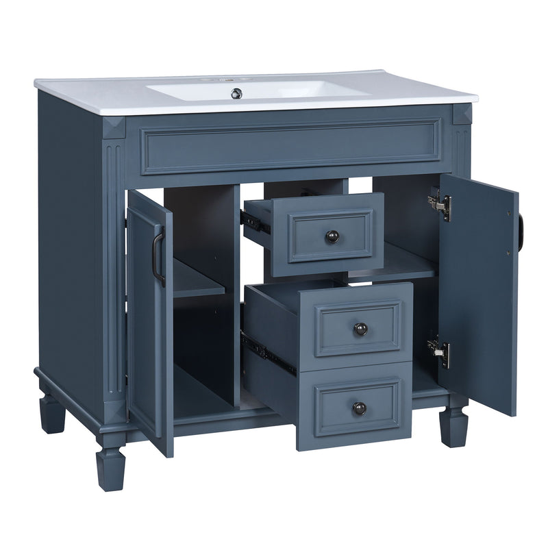 36" Bathroom Vanity With Top Sink, Basin On Cabinet With 2 Soft Closing Doors And 2 Drawers - Blue
