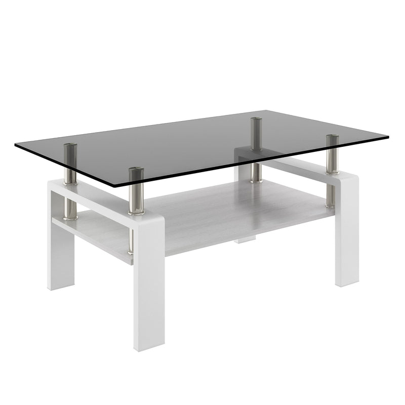 Modern Rectangular Coffee Table With Tempered Transparent Glass Top And Storage Shelf