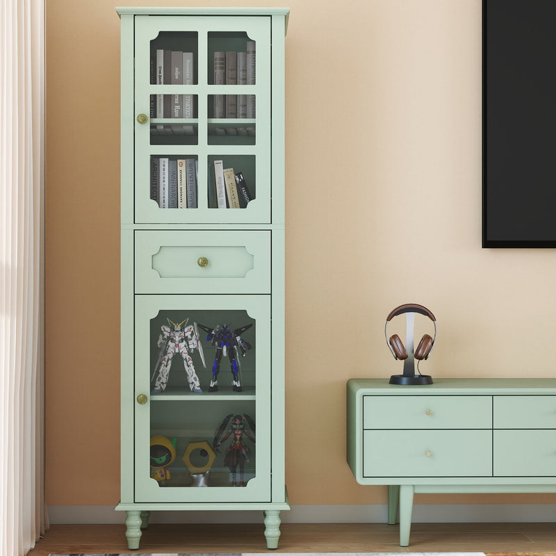 Curio Cabinet, Freestanding Vintage Display Storage Cabinet, Adjustable Shelves - Green