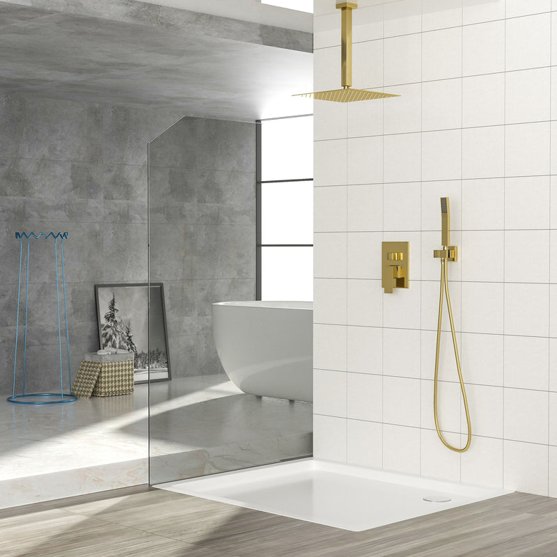 Modern Dual Shower Head System With 16" Ceiling Mount Finish, Stainless Steel And Brass