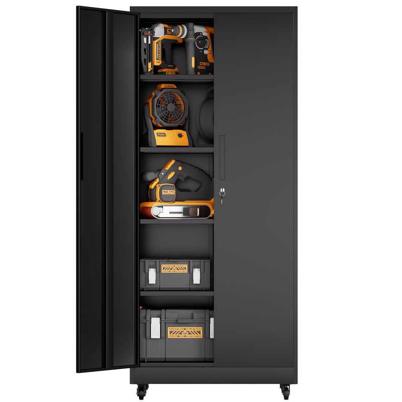 Storage Cabinet With Wheels And Lock, 4 Adjustable Shelves, 3 Point Locking Security, For Tool Organization In Garage - Black