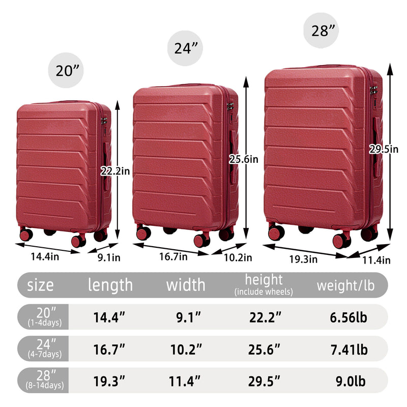 3 Pieces Set 20" / 24" / 28" Spinner Wheel Luggage With Combination Lock