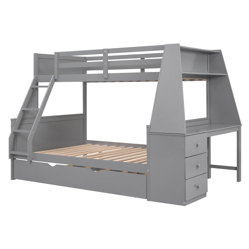 Bunk Bed With Trundle And Built In Desk, 3 Storage Drawers And Shelf