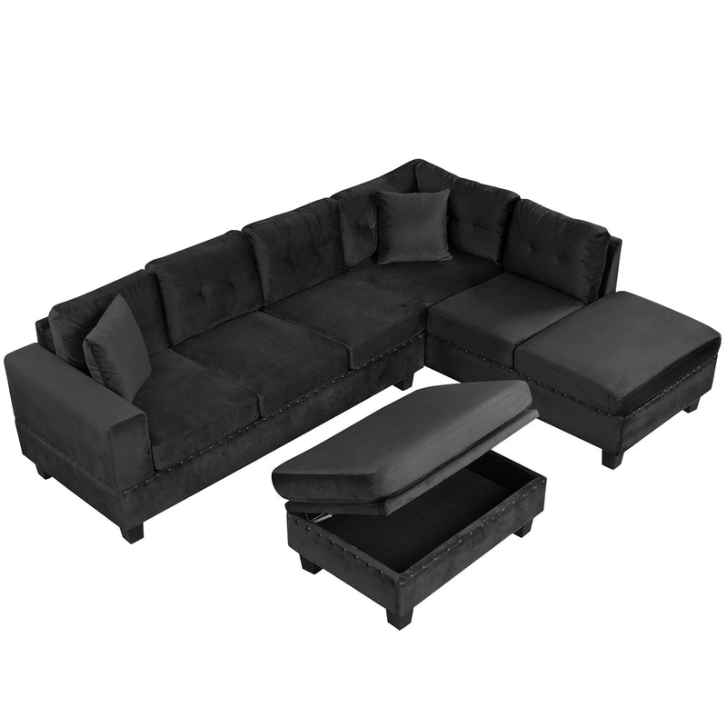 Modern Sectional Sofa With Storage Ottoman, L - Shape Couch With 2 Pillows And Cup Holders