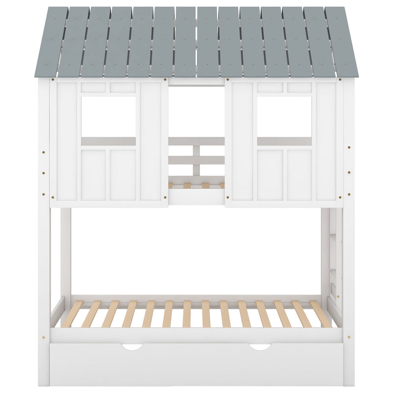 Twin Size House Bunk Bed With Trundle, Roof And Windows - White / Gray