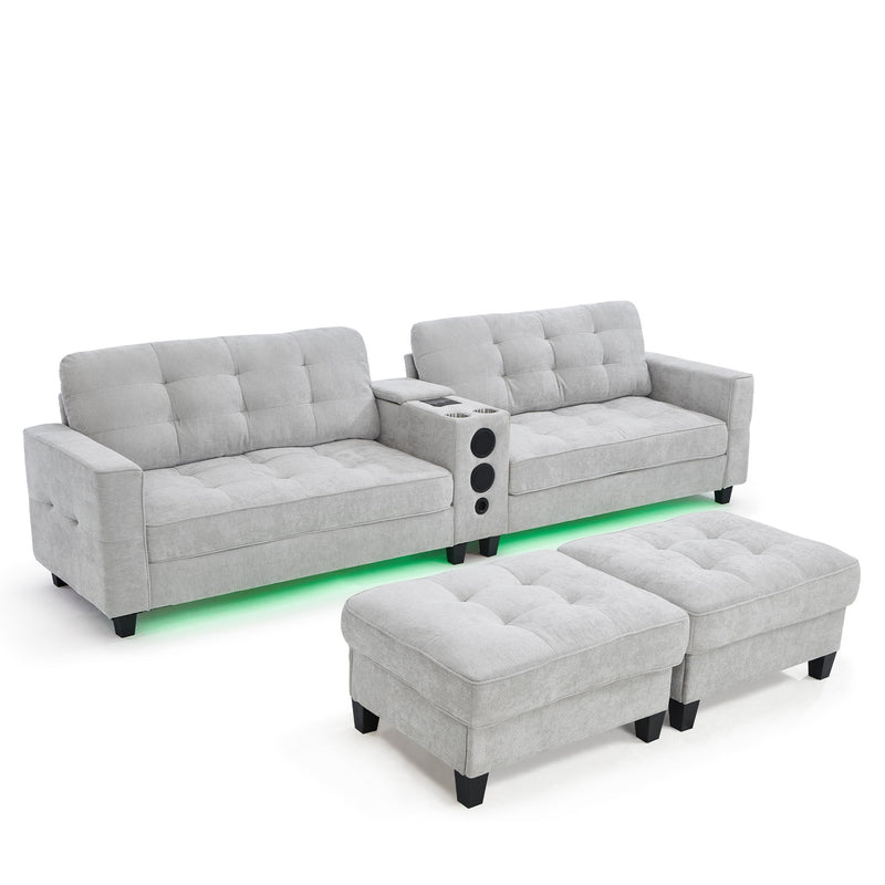 Modern Sectional Sofa U-Shaped With Movable Ottomans, tooth Speakers, LED Lights And Modular Storage