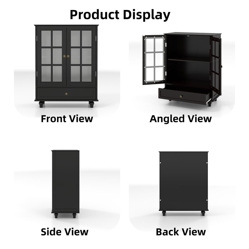 Minimalist Buffet Cabinet With Double Glass Doors And Drawer
