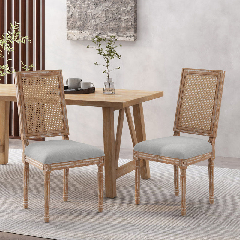 French Country Dining Chair With Rectangular Cane Backrest And Smooth Upholstered Seating