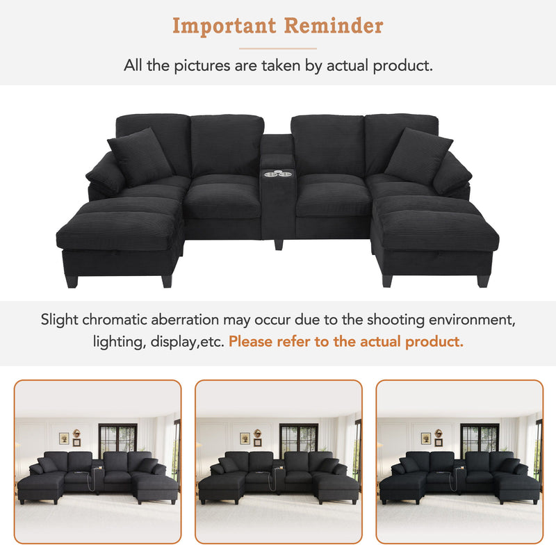 Modern U - Shaped Sectional Sofa With Storage Ottomans, USB Ports, And Cup Holders