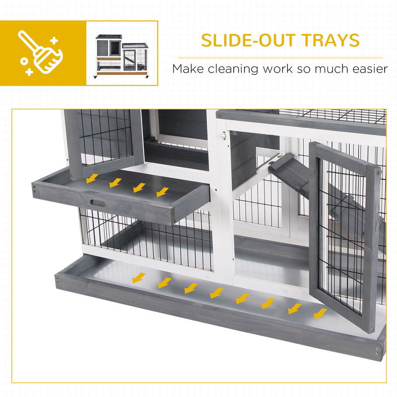 Pawhut - Wooden Rabbit Hutch Elevated Bunny Cage Indoor Small Animal Habitat With Enclosed Run With Wheels, Ramp, Removable Tray Ideal For Guinea Pigs - Gray / White