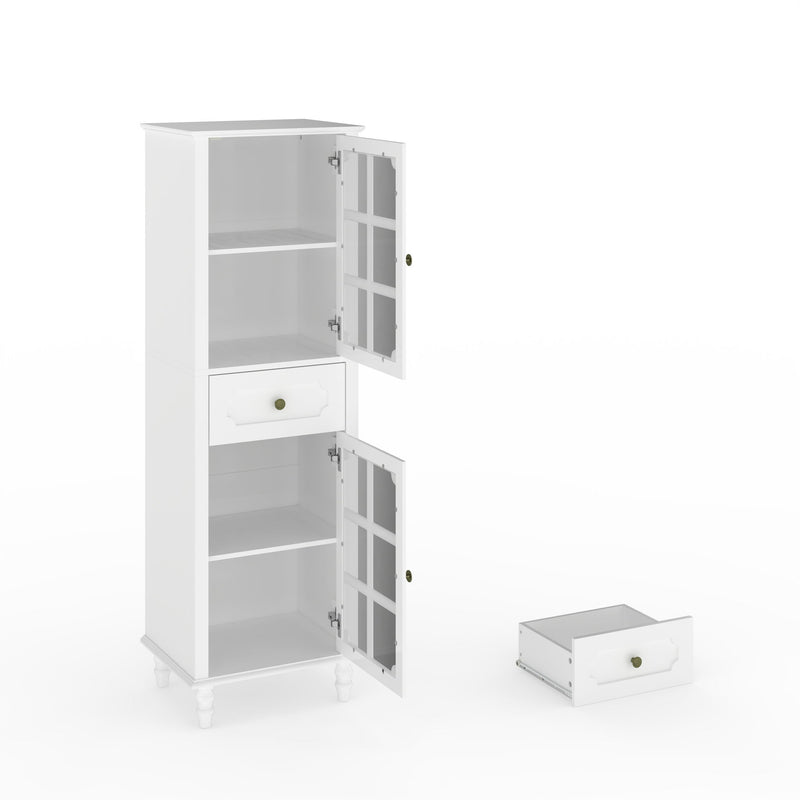 Storage Cabinet, Freestanding Curio Cabinet With Grid Doors & Drawer, Pantry Display Cabinet For Kitchen