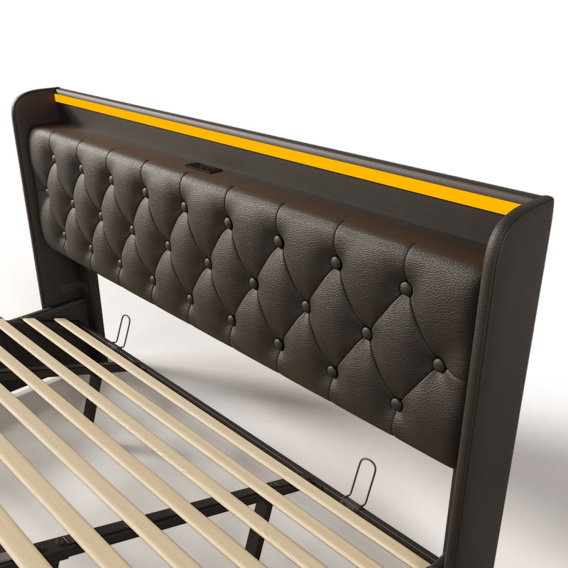 Upholstered Bed, 360 Surround LED Function, Remote Control, Hydraulic Storage Bed With USB, Type-C Charging (Without Mattress)